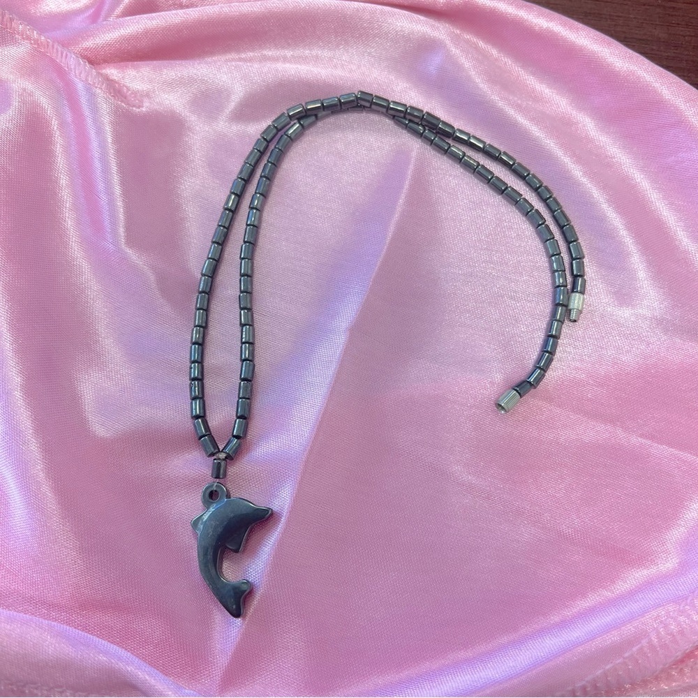 Hematite Dolphin‎ Beaded Necklace with Barrel Clasp  18” Coastal Sea Life
